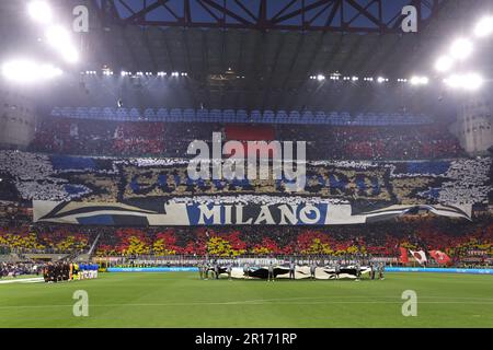 Milan, Italy. 10th May, 2023. Italy, Milan, may 10 2023: choreography of FC Inter supporters during match presentation about soccer game AC MILAN vs FC INTER, SF 1st leg UCL 2022-2023 San Siro stadium (Photo by Fabrizio Andrea Bertani/Pacific Press) Credit: Pacific Press Media Production Corp./Alamy Live News Stock Photo