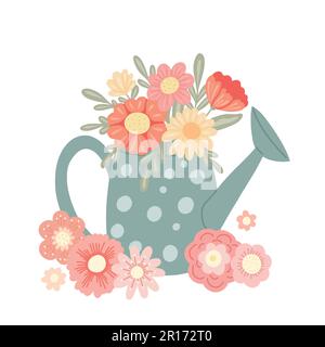 Vector cute illustration of a watering can with a bouquet of flowers isolated from the background. Romantic clipart with original vase and wildflowers Stock Vector
