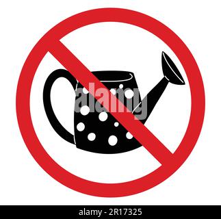 Vector prohibition sign with watering can silhouette. Do not spray with pesticides. Forbidden sign with garden tools isolated from background Stock Vector
