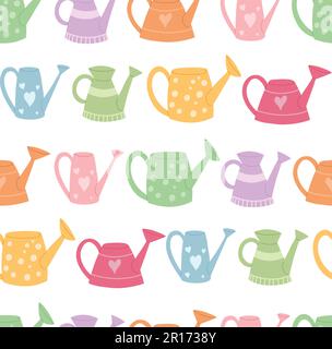 Seamless vector texture with colorful watering cans in a row on a white background. Child pattern with cute garden tools. Background Stock Vector