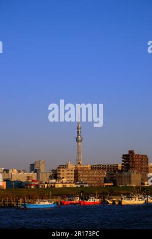 Arakawa river and Tokyo sky tree Stock Photo