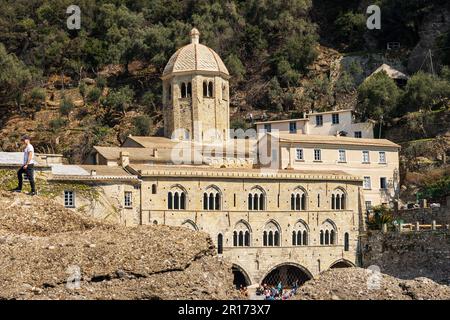 Ancient San Fruttuoso abbey and museum, X-XI century, place of worship between Portofino and Camogli, Genoa province (Genova), Liguria, Italy, Europe. Stock Photo