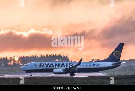 Cork Airport, Cork, Ireland. 12th May, 2023. A Ryanair Boeing 737 about to takeoff for London Stansted on a dawn flight from Cork Airport, Cork, Ireland. - Credit; David Creedon / Alamy Live News Stock Photo