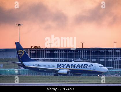 Cork Airport, Cork, Ireland. 12th May, 2023. A Ryanair Boeing 737 prepares to depart for London Stansted at dawn in Cork Airport, Cork, Ireland. - Credit; David Creedon / Alamy Live News Stock Photo