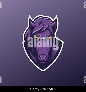 Purple Horse Head Mascot Logo - Animals Mascot E-sport Logo, Vector Illustration Design Concept. Stock Vector