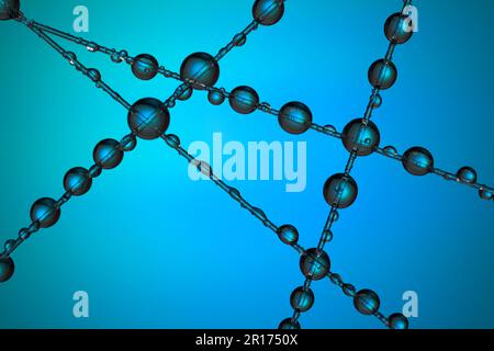 A number of water droplets clinging to a fishing line against a blue background Stock Photo
