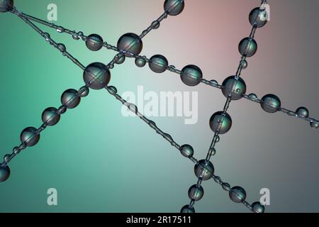 A number of water droplets clinging to a fishing line against a red green background Stock Photo