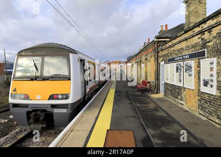 Greater Anglia train 321328 at Harwich railway station, Tendring district, Essex, England Stock Photo