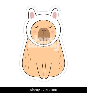 Funny capybara with in a bunny costume. Cute sticker Stock Vector