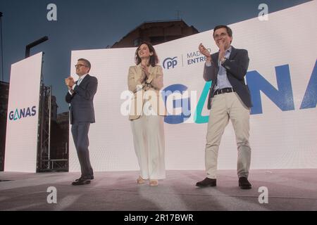 May 11, 2023, Madrid, Madrid, Spain: The PP candidate for re-election will start her campaign again in the same place she did in the last 4-M elections that cemented her success. Isabel Diaz Ayuso and Jose Luis Martinez-Almeida have starred in a massive event in which PP sources in the Debate that Carlos Moedas, mayor of Lisbon, has also attended. The event took place this Thursday, May 11 at 6:30 p.m., and was also attended by the candidates for mayoralty from the municipalities in the region, along with those from the Madrid Assembly and the City Council of the capital, who with their presen Stock Photo