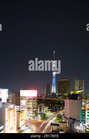 Night view of Tokyo Sky Tree and Azumabashi crossing Stock Photo