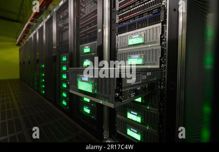 Dresden, Germany. 10th May, 2023. View of the storage systems of the CARA (Computer for Advanced Research in Aerospace) high-performance computer from the German Aerospace Center (DLR). The high-performance computer was installed at the Computing Center of Dresden University of Technology (TU Dresden) and is operated by the Center for Information Services and High Performance Computing (ZIH). The high-performance computer can be used to perform highly accurate and complex simulations that accelerate the introduction of new technologies in aerospace. Credit: Robert Michael/dpa/Alamy Live News Stock Photo