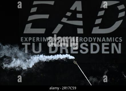 Dresden, Germany. 10th May, 2023. A fog probe is used to demonstrate flow visualization in the wind tunnel at the Institute of Aerospace Engineering at TU Dresden as part of a theme day organized by the Ministry of Economics in Saxony entitled 'Aviation Industry'. Credit: Robert Michael/dpa/Alamy Live News Stock Photo