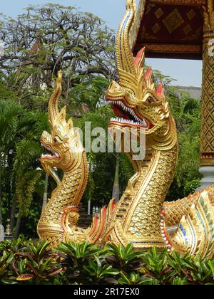 Thailand, Chiang Mai:  twin nagas guarding the entrance at Wat Phra Singh Temple. Stock Photo