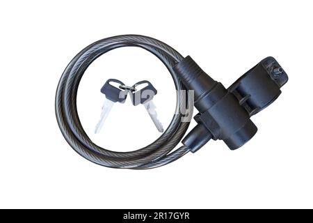 Bike lock wire with key isolated on white background Stock Photo