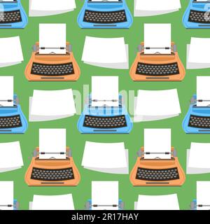 Vector Typewriter Icon Isolated on Green Background. Seamless Pattern Stock Vector