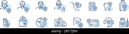 Older people with healthcare plan. Shopping for medical insurance. Policy, dental and ambulance services. Pixel perfect Stock Vector