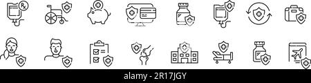 Medical insurance policy. Inpatient services, accident coverage, surgery etc. Pixel perfect, editable stroke icons set Stock Vector