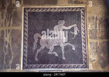 Greece, Island of Rhodes:  mosaic floor with representation of a centaur returning from hunting (3rd century BC) from the ancient city of Rhodos (natu Stock Photo