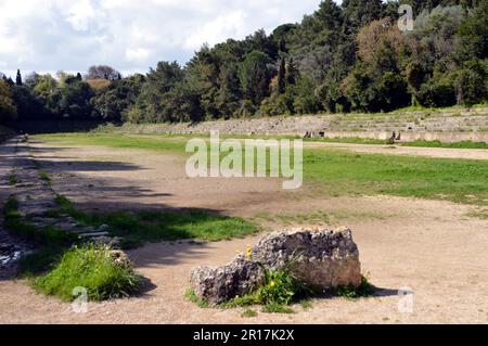 Greece, Island of Rhodes:  the sports stadium, dating from the 3rd century BC, on the  Acropolis of Rhodes, restored during the Italian occupation.  I Stock Photo