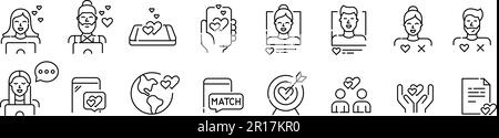 Dating app users chatting looking for match. Romantic relationships, marriage, attraction. Pixel perfect icons Stock Vector