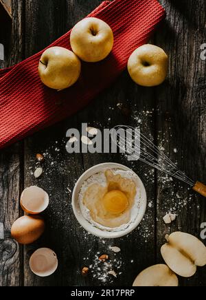 Apple pie flat lay design ingredients dark food Stock Photo