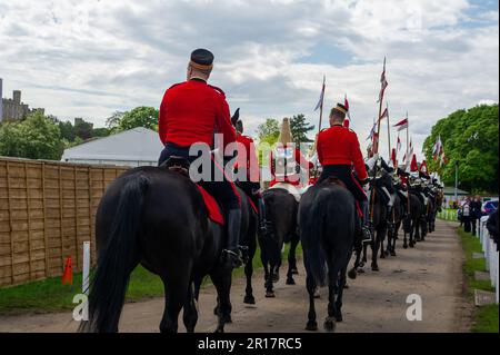 Windsor, Berkshire, UK. 11th May, 2023. The Musical Ride of the Household Cavalry Mounted Regiment ready to perform. It was a busy day today at the 80th Royal Windsor Horse Show set in the Private Grounds of Windsor Castle. Guests enjoyed watching shopping, hospitality and watching the horses compete in various classes. Credit: Maureen McLean/Alamy Live News Stock Photo