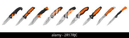 Jackknife knife. Set of folding knives isolated on white background. Vector illustration. Stock Vector