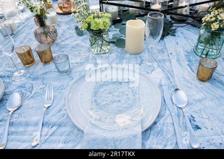 Rustic wedding table setting for reception Stock Photo