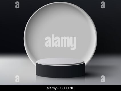 3D realistic empty black and white podium platform with white circle backdrop on dark background modern style. You can use for beauty cosmetic present Stock Vector