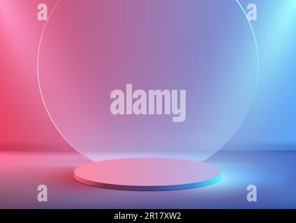 3D realistic modern minimal style empty neon colors podium with transparent glass circle backdrop and spotlight on pink and blue gradient background. Stock Vector