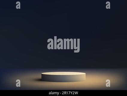 3D realistic modern luxury style white podium platform on minimal wall scene dark blue background with lighting from spotlight. You can use for beauty Stock Vector