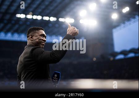 Milan, Italy. 10 May 2023. Clarence Seedorf gestures prior to the UEFA Champions League semifinal first leg football match between AC Milan and FC Internazionale. Credit: Nicolò Campo/Alamy Live News Stock Photo