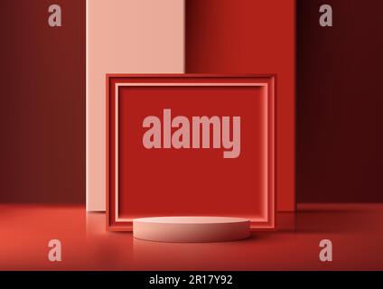 3D realistic modern luxury style empty white podium platform with red squares geometric frame backdrop on red background and natural lighting. You can Stock Vector