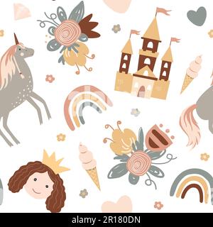 Princess seamless pattern in Scandinavian style. Castle, rainbow, flowers, unicorn, and diamonds. Vector boho background, adorable textile design for Stock Vector