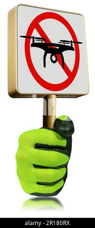 Hand with protective work glove, holding a red and white drones prohibited sign (road sign of no fly drones area), isolated on white background. Photo Stock Photo