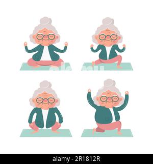 An elderly lady is doing stretching, fitness, yoga, exercises. Vector flat illustration on white. Set of four icons. Collection of illustrations Stock Vector