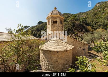 Closeup of the ancient San Fruttuoso Abbey, X-XI century, place of worship between Portofino and Camogli, Genoa province, Liguria, Italy, Europe. Stock Photo