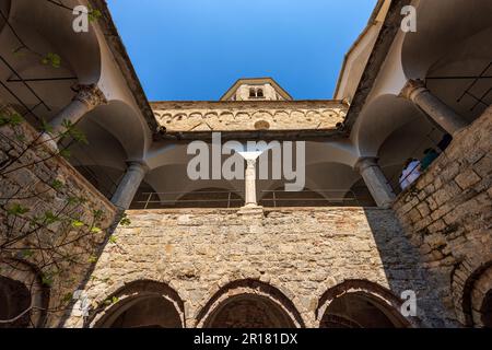 Closeup of the ancient San Fruttuoso Abbey, X-XI century, place of worship between Portofino and Camogli, Genoa province, Liguria, Italy, Europe. Stock Photo