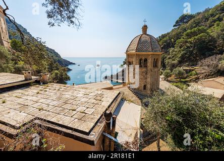 Closeup of the ancient San Fruttuoso Abbey, X-XI century, place of worship between Portofino and Camogli, Genoa province, Liguria, Italy, Europe. Stock Photo