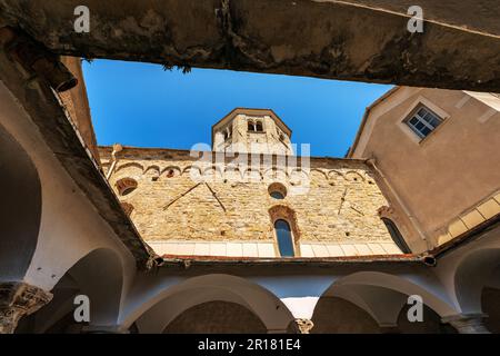 Closeup of the ancient San Fruttuoso Abbey, X-XI century, place of worship between Portofino and Camogli, Genoa province, Liguria, Italy, Europe. Stock Photo