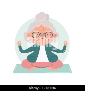 An elderly lady is doing stretching, fitness, yoga, exercises. Vector flat illustration on white Stock Vector