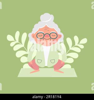 An elderly lady is doing stretching, fitness, yoga, exercises. Vector flat illustration. Green background Stock Vector