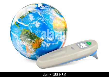 Digital Forehead and Ear Thermometer with Earth Globe. 3D rendering isolated on white background Stock Photo