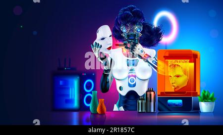 Beautiful robot woman with AI in wig paints her lips with lipstick, makes makeup. Scary mechanical robot disguises itself as human with help 3d printe Stock Vector