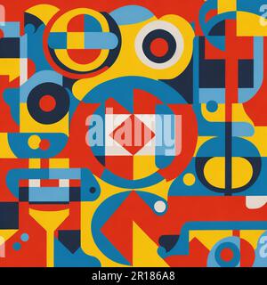 A vibrant red backdrop featuring a unique pattern of assorted geometric shapes, with a distinct red square at the center Stock Photo
