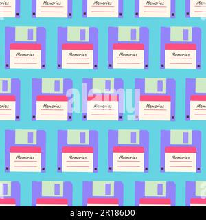 90s seamless pattern with floppy disk. Vector background in cartoon 80s 90s pop art comic style. Stock Vector