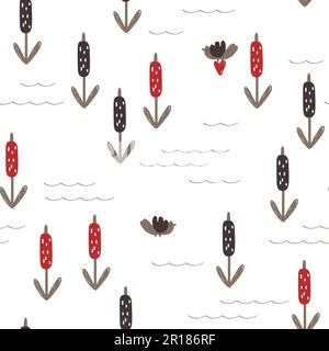 Reed, Cattail, Cane Doodle hand drawn Seamless Pattern in Scandinavian Style. Reed, birds, and water. Vector Cartoon Background Stock Vector