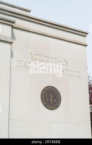 Lansing MI - May 6, 2023: State of Michigan seal on the Michigan Hall of Justice Building Stock Photo