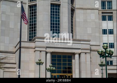 Lansing MI - May 6, 2023: Entrance to the Michigan Hall of Justice Building Stock Photo